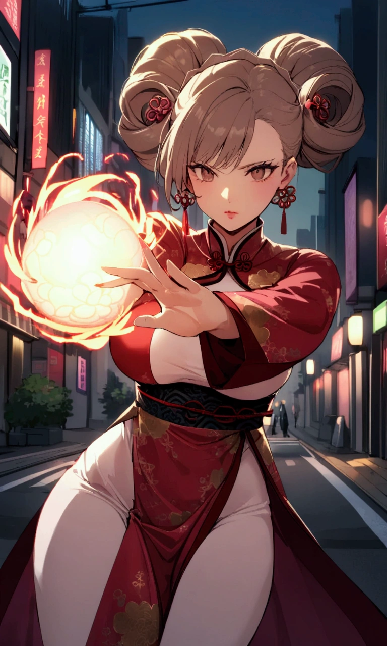 A magical girl (cute woman, age 40, breast over exposed, intricate Chinese robe, fancy Chinese hairstyle) is in a casting action pose, a ball of energy forms up before her, downtown Tokyo
