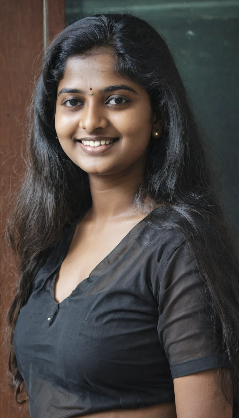 Day scene, close up photo of a indian from top view, posing under big tree, (wearing black tshirt and skirt) , look at viewer and smile, (cinematic:1.3), intricate details, (ArtStation:1.2)