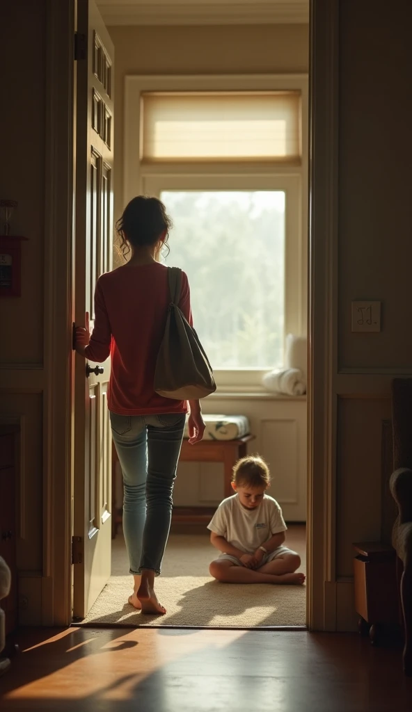 A hyper-realistic photo of a mother dressed in slacks and a blazer, standing in the doorway of her home, about to leave for work. She looks back with a sad expression at her two children, ages 4 and 7, who are inside the house. The mother has a hesitant and melancholic look, as if she doesn’t want to leave. The lighting is soft, emphasizing the emotional tone, and the background shows a cozy and lived-in home.”