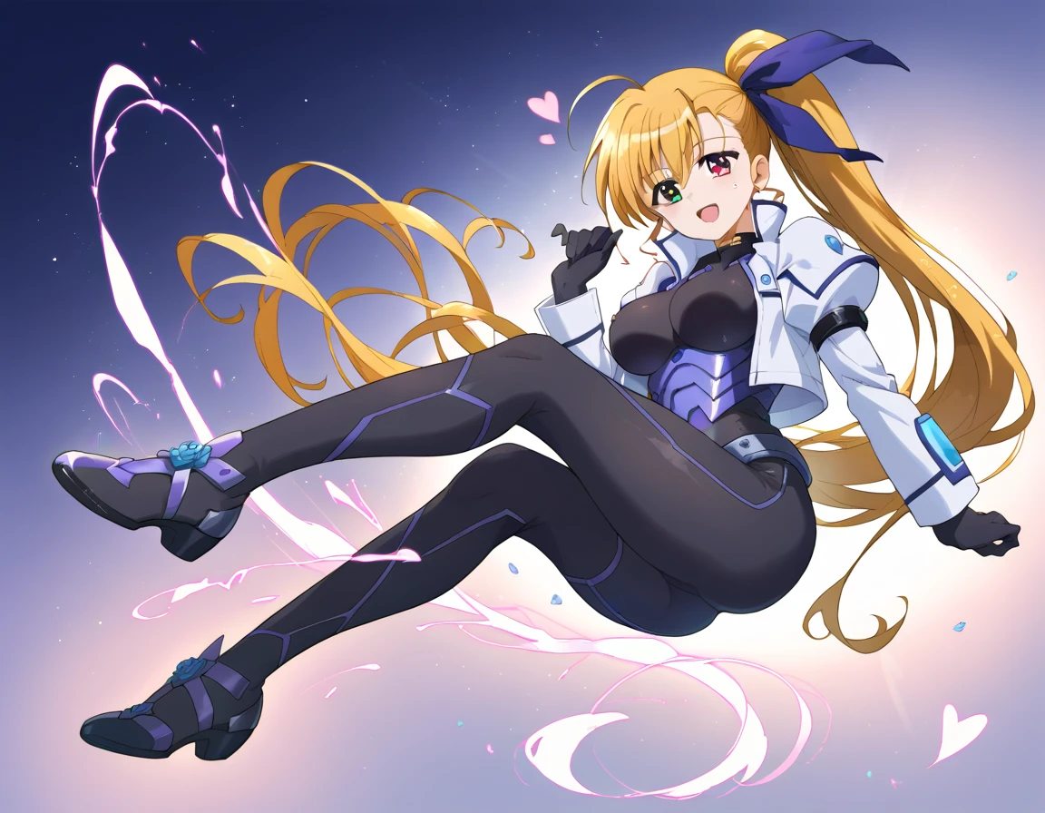 ((full body)), score_9,  score_8_up,  score_7_up,  score_6_up,  score_5_up,  score_4_up,  source_Anime, bbvivio, aged up, Long Hair,  blonde hair , Ahoge,  side ponytail ,  hair bow ,  heterochromia,  Big Breasts ,  black bodysuit ,  cropped jacket,  white jacket ,  Puff Sleeves ,  Long Sleeve ,  black gloves , armor,  high detail,  High Quality ,smile, Wavy, 1 girl, Alone, Long Hair,  eye,  watching the audience, Particles of light, shut up, indoor, , bangs, ,  tilting your head ,Black Rose, 美丽细致的eye,   1 girl, Alone,  super detailed, Long Hit, Beautiful background,, .(  perfect hands, Perfect Legs，perfect feet， perfect anatomy),  ，M type，  transparent  ，Long legs，Low Cut，Release the shoulder， Touching the genitals，Correct body posture，Right leg shape  ，   Correct Body Ratio ，Correct thighs，Suitable shoes，Luxurious chair，(( Play, Heart Shaped Eyes , orgasm , Butt,sweat,(urination)， Climax ， causes convulsions))，