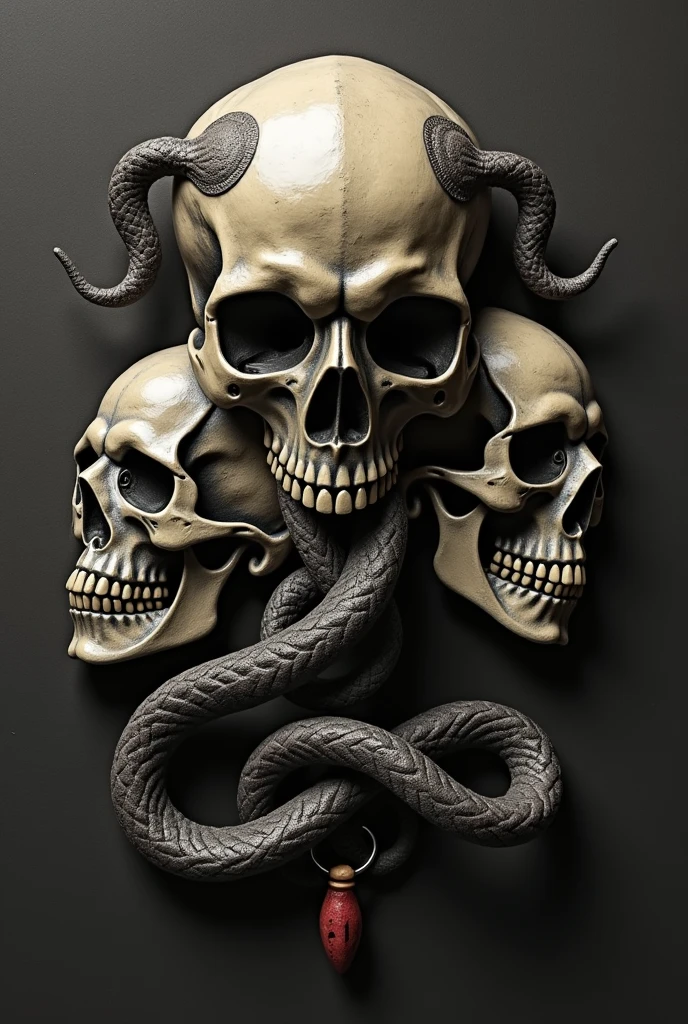 Skull with three horns on its head, a coiling serpent with its head showing and a crown on the skull&#39;s head on a pirate flag