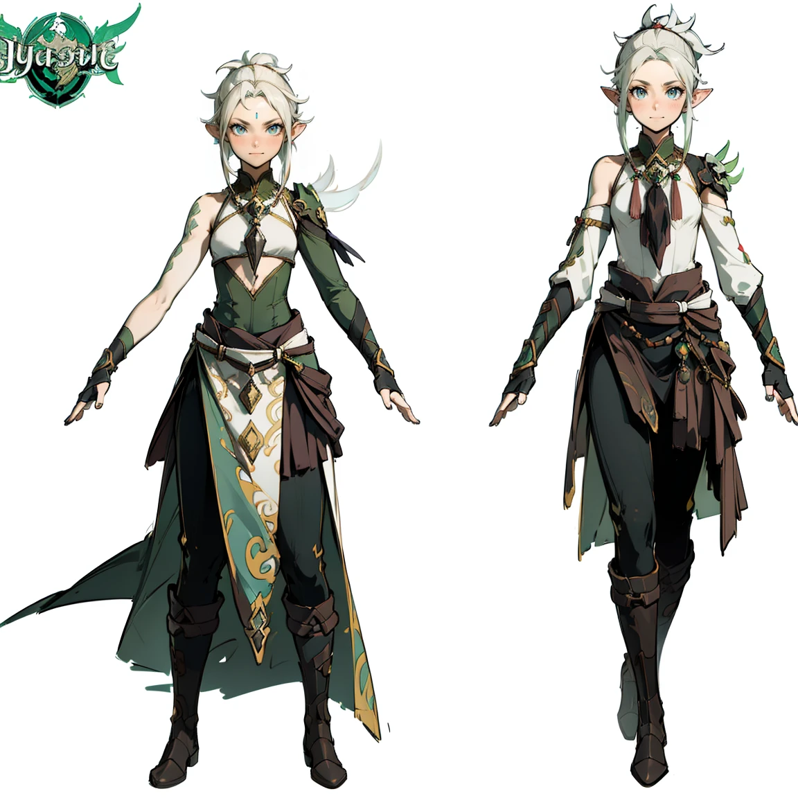 ((masterpiece)),(((best quality))),(character design sheet, same character, ), elven woman, ((side view:0.5)) anime girl, Gesture, character design. ((green eyes)). 1girl, solo, teenager, ((white hair)), ((green eyes)), pants, long sleeves, pointed ears. ((black clothes))
