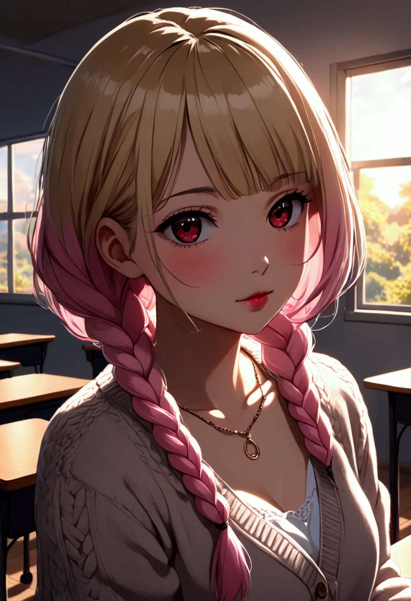 (((日本Animation片))), ((Animation)), (gal),  medium length hair, (Braiding:1.3), (Short bangs:1.2),Two-tone hair, blond, ( pink hair ), Round Face,  red eyes , ( with eyes slouched ), (((puppet))),Pink lips,puncture,necklace,[ black skin],  faint smile , (((( cute)))),  beautiful ,  1 girl at home,  unique , (Cardigan:1.4), [Cleavage silhouette ], Peace Sign, beautiful  background,(classroom:1.5),night, sun ,Backlight,masterpiece, Quality Best ,Beautiful,8K, absurd results, super detailed illustration ,( looking at the audience)