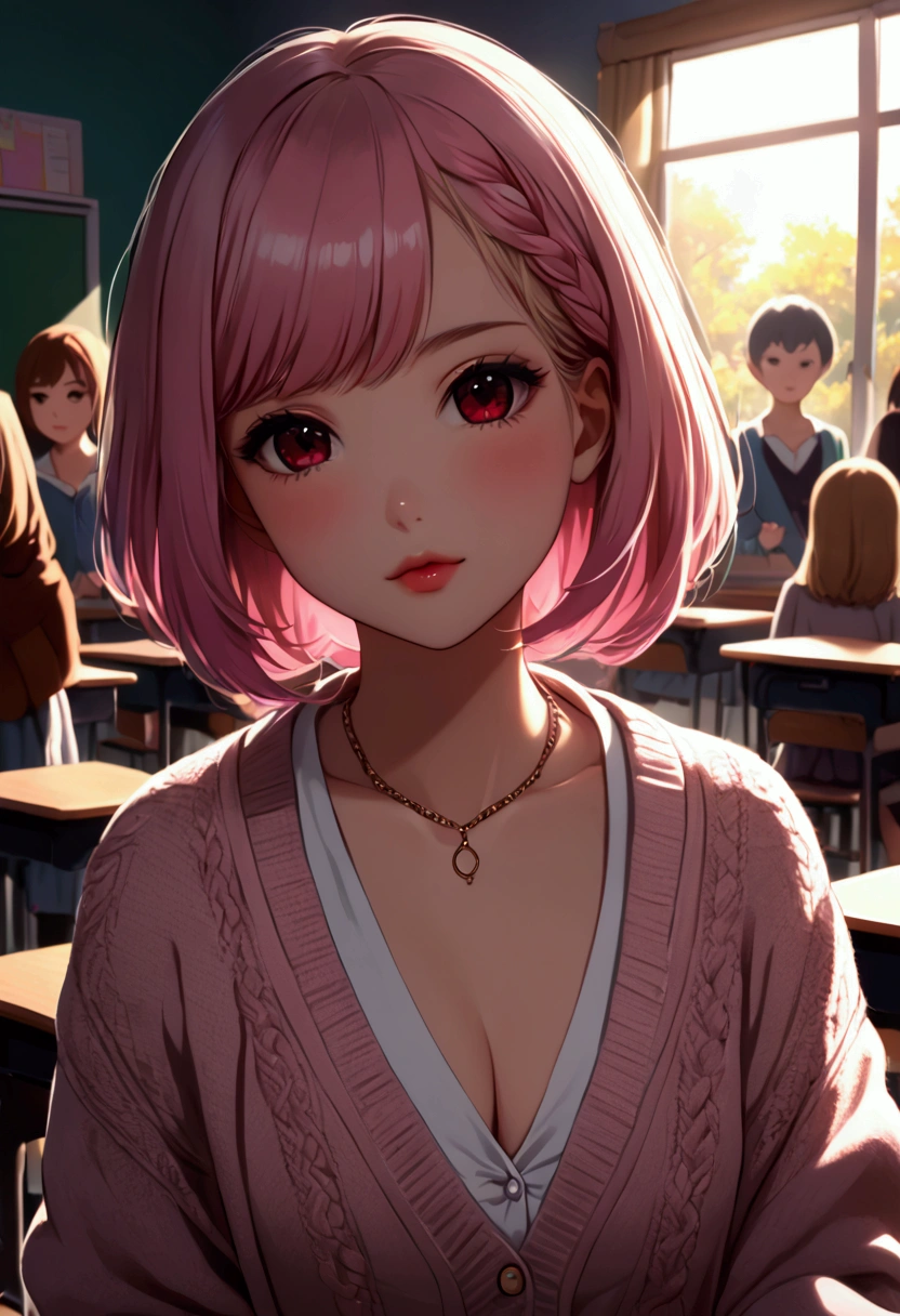 (((日本Animation片))), ((Animation)), (gal),  medium length hair, (Braiding:1.3), (Short bangs:1.2),Two-tone hair, blond, ( pink hair ), Round Face,  red eyes , ( with eyes slouched ), (((puppet))),Pink lips,puncture,necklace,[ black skin],  faint smile , (((( cute)))),  beautiful ,  1 girl at home,  unique , (Cardigan:1.4), [Cleavage silhouette ], Peace Sign, beautiful  background,(classroom:1.5),night, sun ,Backlight,masterpiece, Quality Best ,Beautiful,8K, absurd results, super detailed illustration ,( looking at the audience)