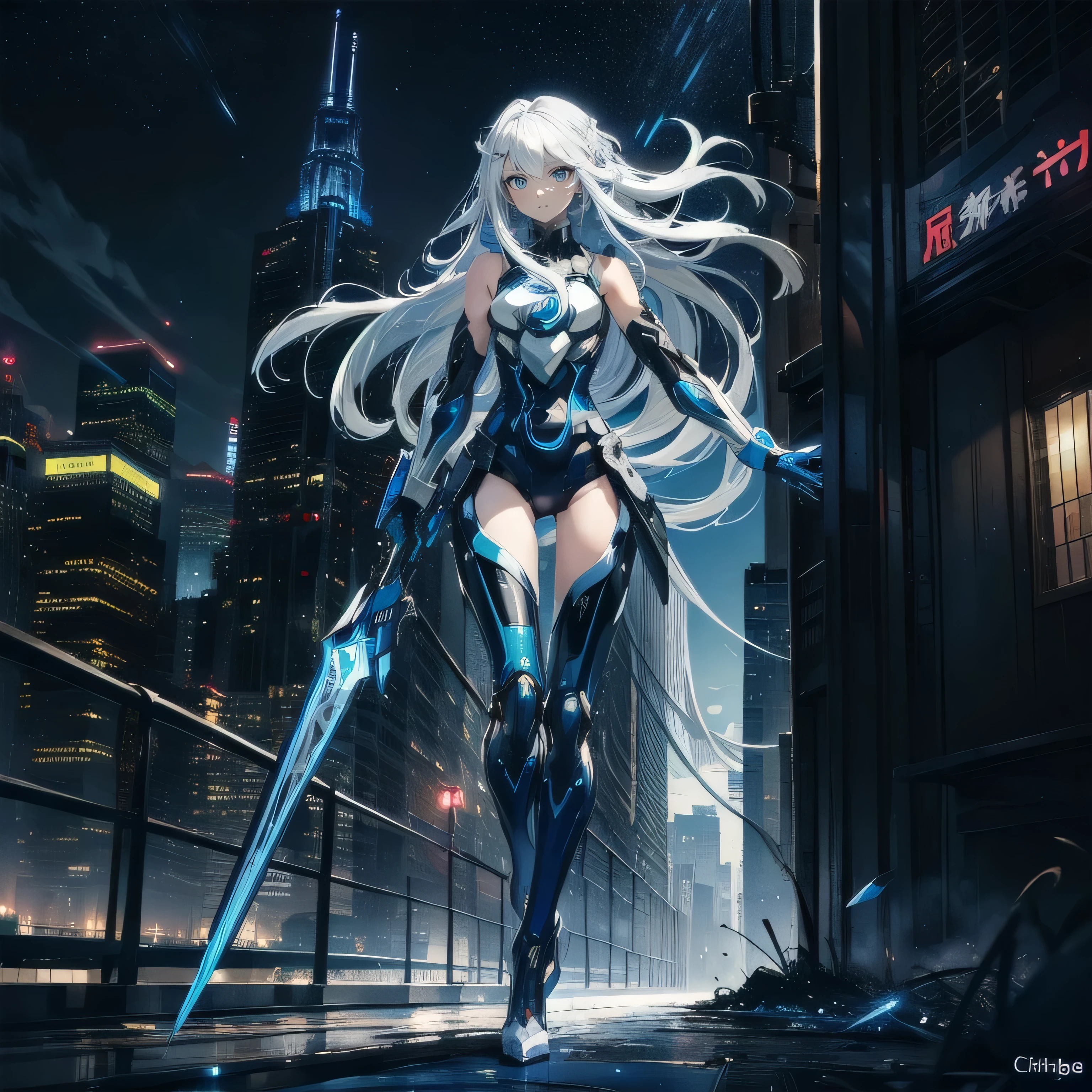 (masterpiece), (best quality), ultra detailed, finely detailed color, cenematic painting, (Top image quality), (Ultra Detailed), (Facing forward), top quality, masterpiece, (((only 1 girl))), Silver Hair, white hair, ((Long hair)), (deep blue eyes:1.6), night, urban, ((holding cybernetic weapon)), ((high leg)), ((bare legs)), ((sleeveless)), battle suit, bodysuit, mecha suit, black suit, ((city background:1.2))