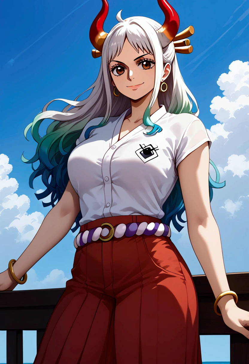 detailed background, masterpiece, best quality, 1girl, solo, yamato \(one piece\), 1girl, bracelet, bangs, belt, white blouse, jeans, blue sky, bracelet, breasts, reddish brown eyes, cloud, day, long red skirt, gold earrings, flowing hair, crotch, jewelry, torso pose, long hair, looking at viewer, belly button, white hair, side swept, sky, smile, solo, standing, belly, looking at viewer