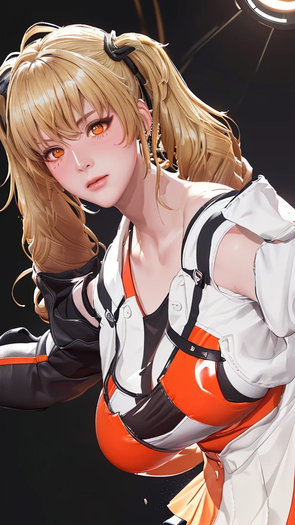 (（（figure，御姐figure,White and tender skin,（（（FenNib , long_sleeves_skirt, red_single_thighhigh, thigh_holster, elbow_gloves, strap, ）））,(（（twintails, Blonde_hair, orange_eyes,））),，((masterpiece)), highres icon,((Best quality at best)),masterpiece,quality,Best quality,(（（  looking at the audience， is open to the audience,Light in the eyes， blush，shy）））， huge ,Chiaroscuro, depth of field, cinematic lighting, motion blur, ray tracing, reflection light, drop shadow, speed lines）））