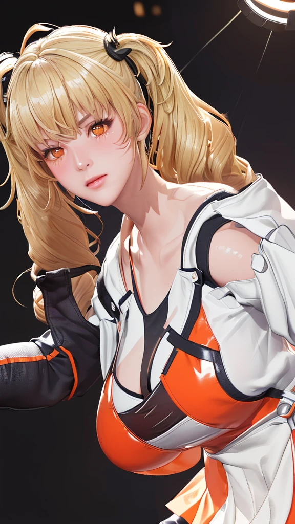 (（（figure，御姐figure,White and tender skin,（（（FenNib , long_sleeves_skirt, red_single_thighhigh, thigh_holster, elbow_gloves, strap, ）））,(（（twintails, Blonde_hair, orange_eyes,））),，((masterpiece)), highres icon,((Best quality at best)),masterpiece,quality,Best quality,(（（  looking at the audience， is open to the audience,Light in the eyes， blush，shy）））， huge ,Chiaroscuro, depth of field, cinematic lighting, motion blur, ray tracing, reflection light, drop shadow, speed lines）））