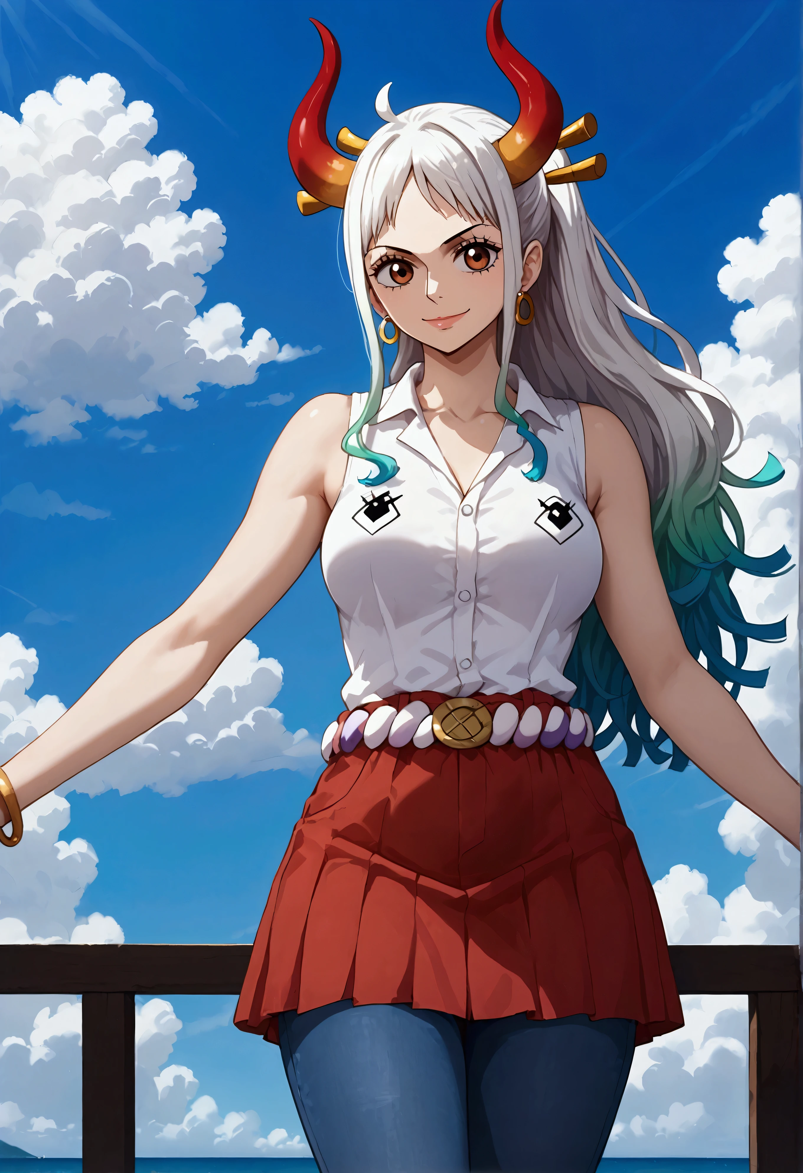 detailed background, masterpiece, best quality, 1girl, solo, yamato \(one piece\), 1girl, bracelet, bangs, belt, white blouse, jeans, blue sky, bracelet, breasts, reddish brown eyes, cloud, day, long red skirt, gold earrings, flowing hair, crotch, jewelry, torso pose, long hair, looking at viewer, belly button, white hair, side swept, sky, smile, solo, standing, belly, looking at viewer