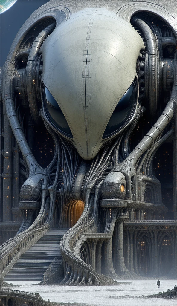 moon base in the style of hr giger aesthetics. the architecture is intricate and grotesque with huge hr giger's alien head and other similar grotesque design. earth can be seen in the sky.