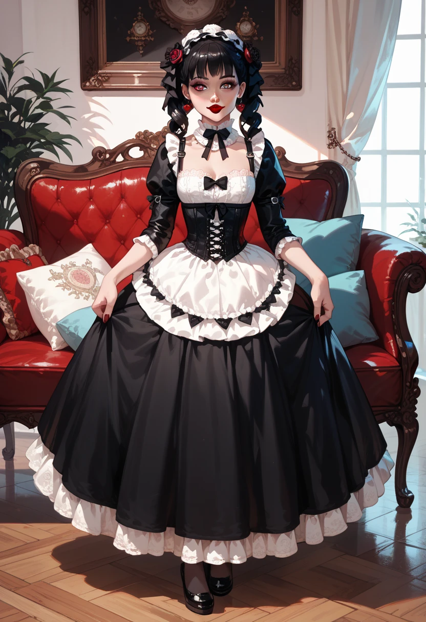 Baroque, gothic ****ta, cute, 1girl, solo, full body, black sofa, black dress, absurdres, white lace, highres, ultra detailed, highest detailed, red lips