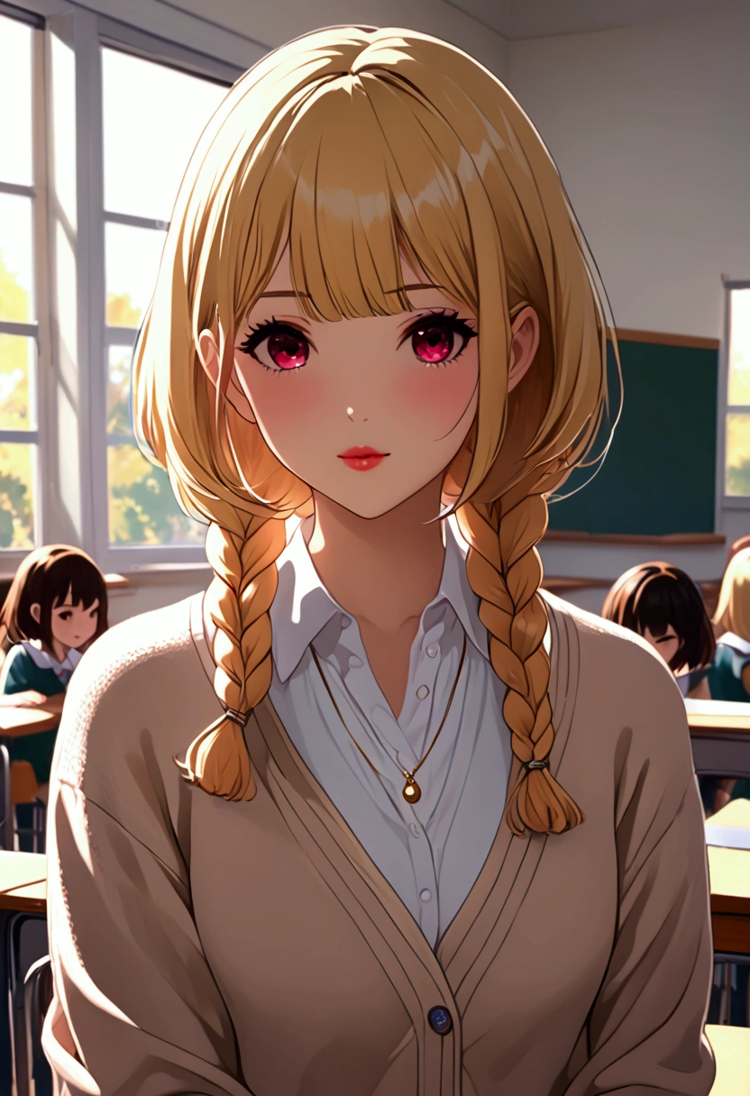 (((日本Animation片))), ((Animation)), (1 Girl),  medium length hair, (Braiding:1.3), (Short bangs:1.2),Two-tone hair, blonde - pink hair, Round Face,  red eyes , Pink lips,necklace,  faint smile , (((( cute)))),  beautiful , (Cardigan:1.4), [Cleavage silhouette ], (classroom:1.5), sun ,Backlight,masterpiece, Quality Best ,