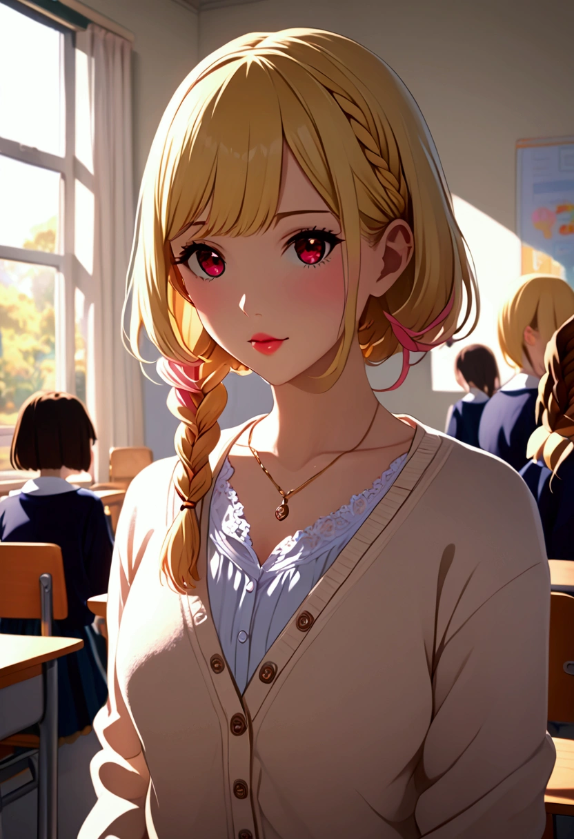 (((日本Animation片))), ((Animation)), (1 Girl),  medium length hair, (Braiding:1.3), (Short bangs:1.2),Two-tone hair, blonde - pink hair, Round Face,  red eyes , Pink lips,necklace,  faint smile , (((( cute)))),  beautiful , (Cardigan:1.4), [Cleavage silhouette ], (classroom:1.5), sun ,Backlight,masterpiece, Quality Best ,