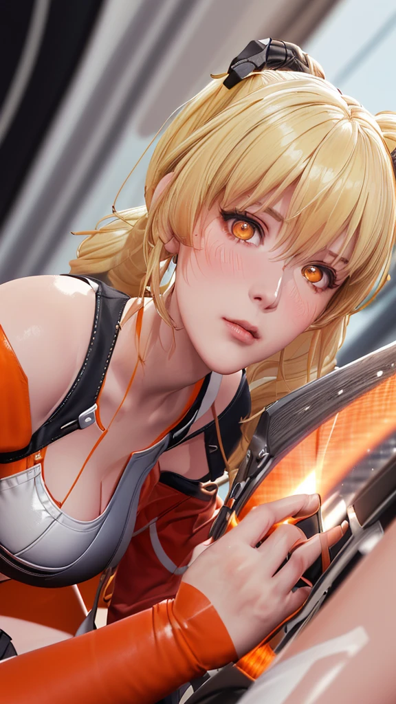 (（（figure，御姐figure,White and tender skin,（（（FenNib , long_sleeves_skirt, red_single_thighhigh, thigh_holster, elbow_gloves, strap, ）））,(（（twintails, Blonde_hair, orange_eyes,））),，((masterpiece)), highres icon,((Best quality at best)),masterpiece,quality,Best quality,(（（  looking at the audience， is open to the audience,Light in the eyes， blush，shy）））， huge ,Chiaroscuro, depth of field, cinematic lighting, motion blur, ray tracing, reflection light, drop shadow, speed lines）））