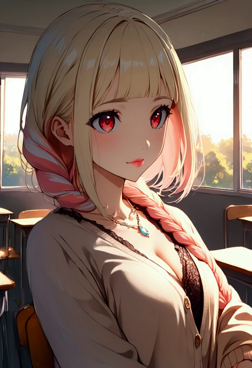 (((日本Animation片))), ((Animation)), (1 Girl),  medium length hair, (Braiding:1.3), (Short bangs:1.2),Two-tone hair, blonde - pink hair, Round Face,  red eyes , Pink lips,necklace,  faint smile , (((( cute)))),  beautiful , (Cardigan:1.4), [Cleavage silhouette ], (classroom:1.5), sun ,Backlight,masterpiece, Quality Best ,