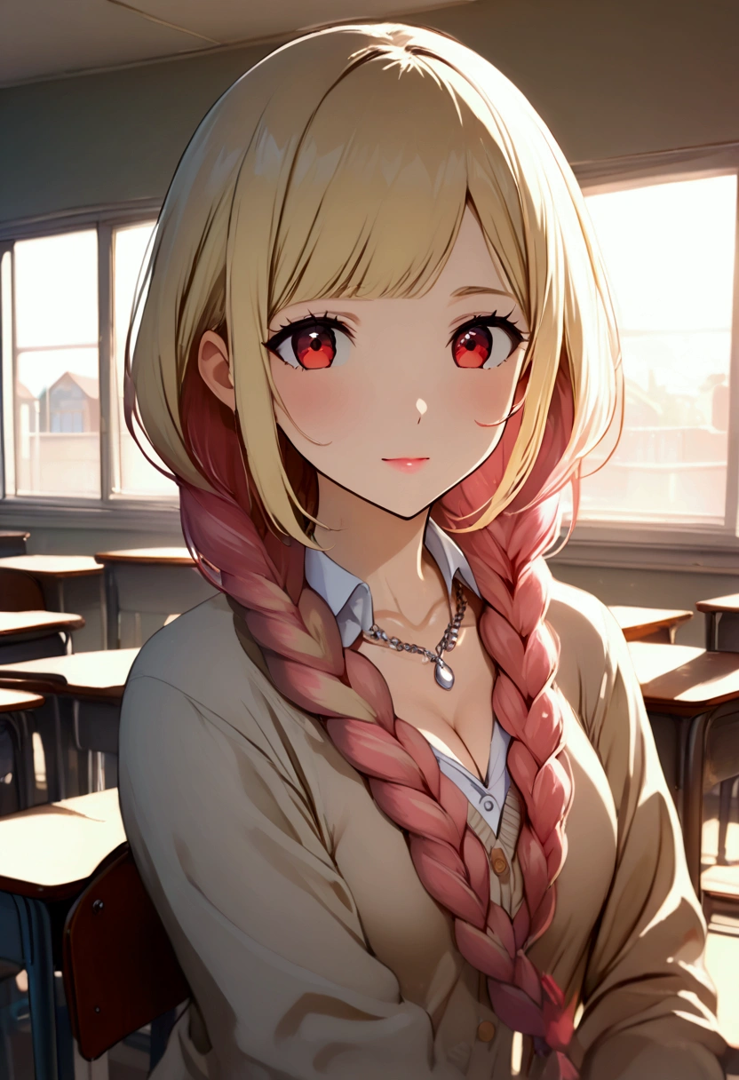 (((日本Animation片))), ((Animation)), (1 Girl),  medium length hair, (Braiding:1.3), (Short bangs:1.2),Two-tone hair, blonde - pink hair, Round Face,  red eyes , Pink lips,necklace,  faint smile , (((( cute)))),  beautiful , (Cardigan:1.4), [Cleavage silhouette ], (classroom:1.5), sun ,Backlight,masterpiece, Quality Best ,