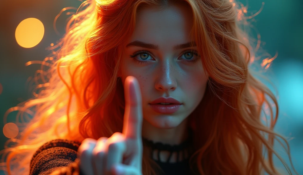 High-quality realistic acrylic art, vivid colors, 1girl, Dutch angle shot of a beautiful young woman, big clear eyes, eye contact, blowing a kiss, (medium breasts:1.2), (topless:1.1), choker, front view, parted lips, pulpy lips, bright orange hair, short messy hair, bangs, highly detailed, soft tones, extreme detail, dark background, (detailed textures:1.1), (plain background:1.2), gradient background, dramatic light, happy smile, hands reaching towards camera, high DOF.