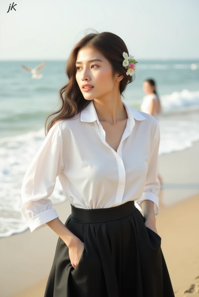 JK,(1girl: 2.0), focus girl, A woman stands on a serene beach, wearing a crisp white blouse and a flowing black skirt, exuding effortless elegance. Her styled hair features a delicate bouquet on the left side, and her gaze is softly directed into the distance. The gentle sea waves and sandy shore behind her are dotted with a few individuals and birds, creating a peaceful atmosphere with warm, soft lighting and subtle texture.