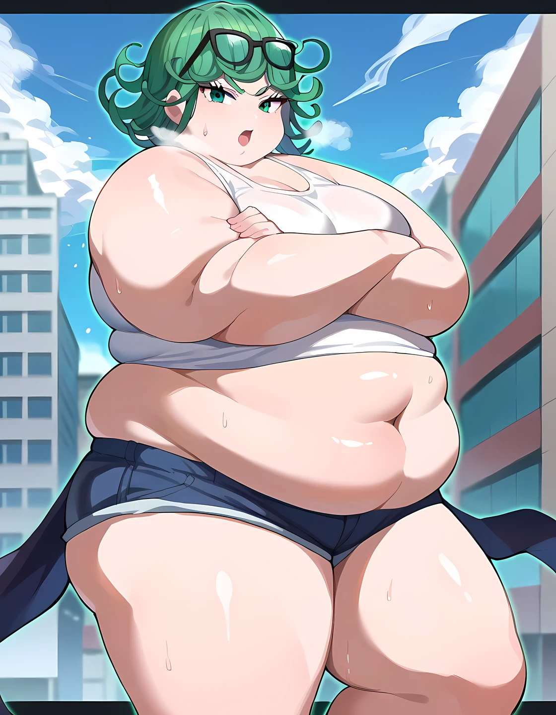 score_8_up, score_7_up, score_6_up, score_5_up, score_4_up, anime screenshot, looking at viewer, upper body, 1girl, tatsumaki, green hair, green eyes, short hair, curly hair, thighs, looking at viewer, white tank top, Micro Denim high- leg Shorts, tuck in, eyewear on head, BREAK standing, looking at viewer, city, Underarm sweat, black  crossed arms,, fat, chubby, obese, gigantic arms and legs, large breasts open mouth, out of breath from side, running
