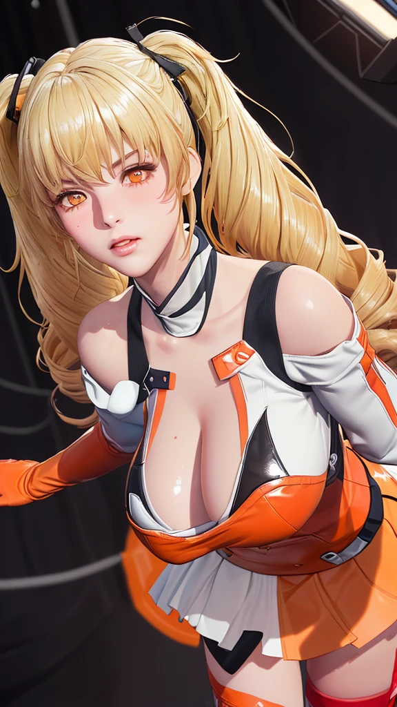 (（（figure，御姐figure,White and tender skin,（（（FenNib , long_sleeves_skirt, red_single_thighhigh, thigh_holster, elbow_gloves, strap, ）））,(（（twintails, Blonde_hair, orange_eyes,））),，((masterpiece)), highres icon,((Best quality at best)),masterpiece,quality,Best quality,(（（  looking at the audience， is open to the audience,Light in the eyes， blush，shy）））， huge ,Chiaroscuro, depth of field, cinematic lighting, motion blur, ray tracing, reflection light, drop shadow, speed lines）））