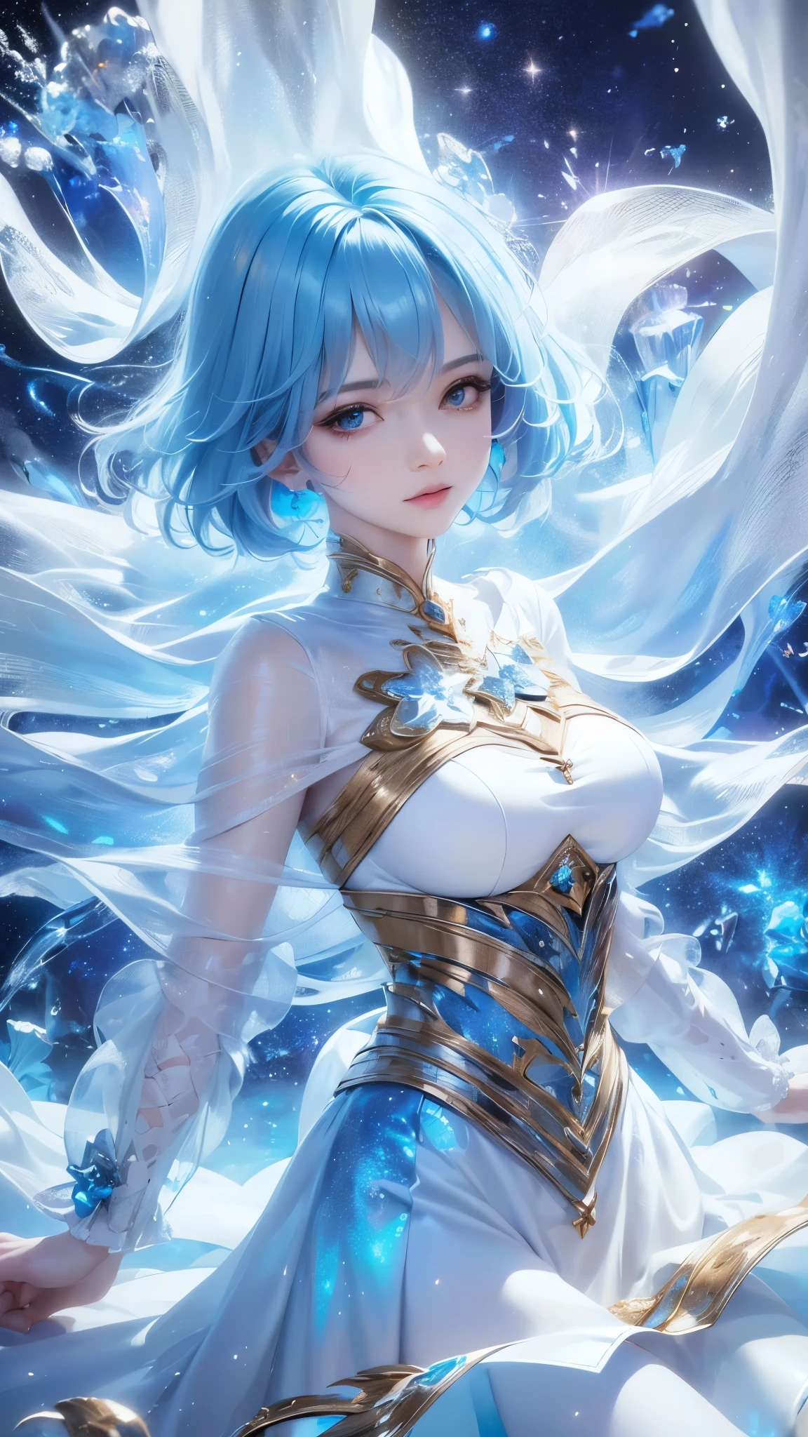 Anime girl with blue hair and white dress sitting on a rock - SeaArt AI