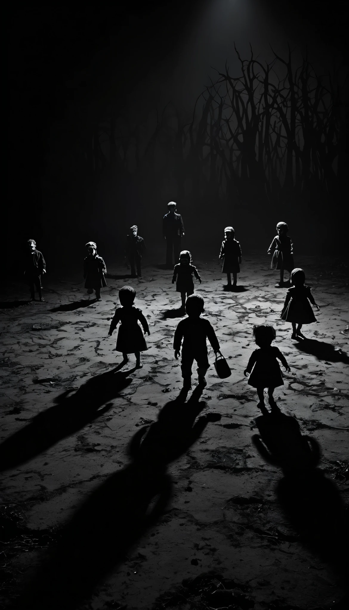 Create a creepy and suspenseful image featuring small, frightened figures. Place these figures in a dark and eerie setting, with subtle shadows and a sense of foreboding. Ensure the figures appear frightened, conveying a sense of vulnerability and fear. Surround them with a mysterious atmosphere to enhance the suspense, creaper