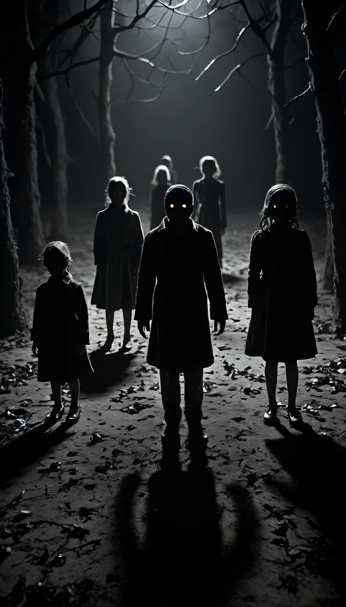 Create a creepy and suspenseful image featuring small, frightened figures. Place these figures in a dark and eerie setting, with subtle shadows and a sense of foreboding. Ensure the figures appear frightened, conveying a sense of vulnerability and fear. Surround them with a mysterious atmosphere to enhance the suspense, creaper