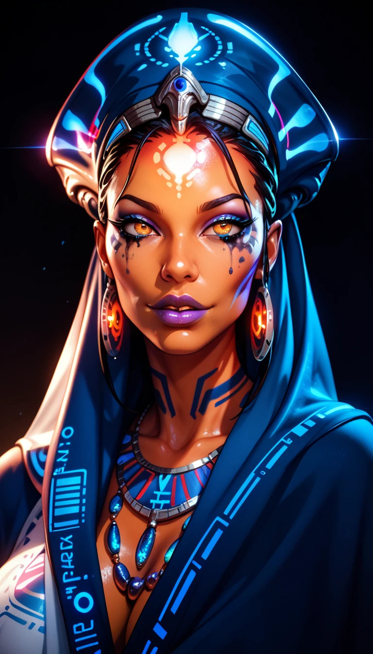 Ancient Extraterrestrial Creature, Alien Being, ((Non-Human)), Female seductive Alien, colorful skin, Revealing Glowing Biopunk, Holographic Alien Tribal, Tribal Alien Priestess, Glowing Makeup, Blacklight, Glowing, Seductive Alien Technology, Black Background, Character Design Sheet