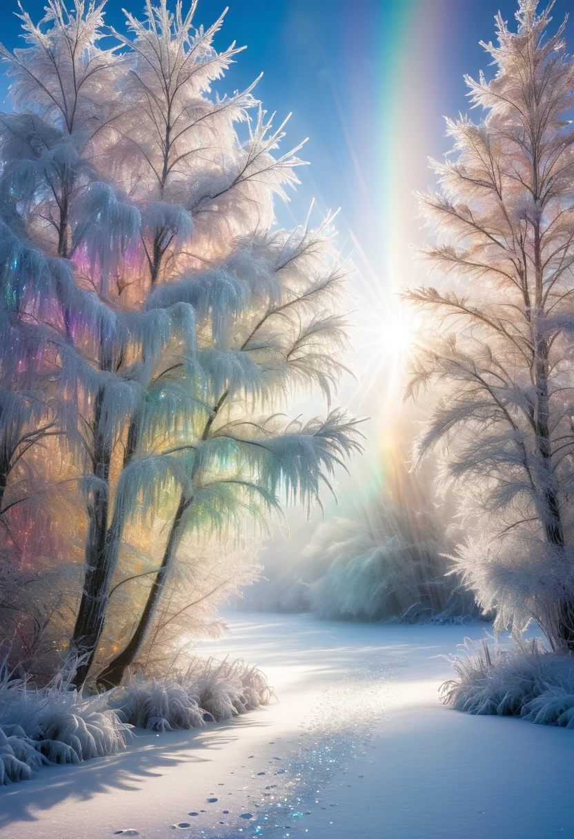 A magical scene on a winter morning, when the air is clear and the light is sparkling and diamond dust is dancing in the air. The sun's rays hit the frozen trees and snow-covered landscape, causing countless tiny ice crystals to shine in rainbow colours. A mystical, dreamlike moment of natural beauty in the silence of the cold.