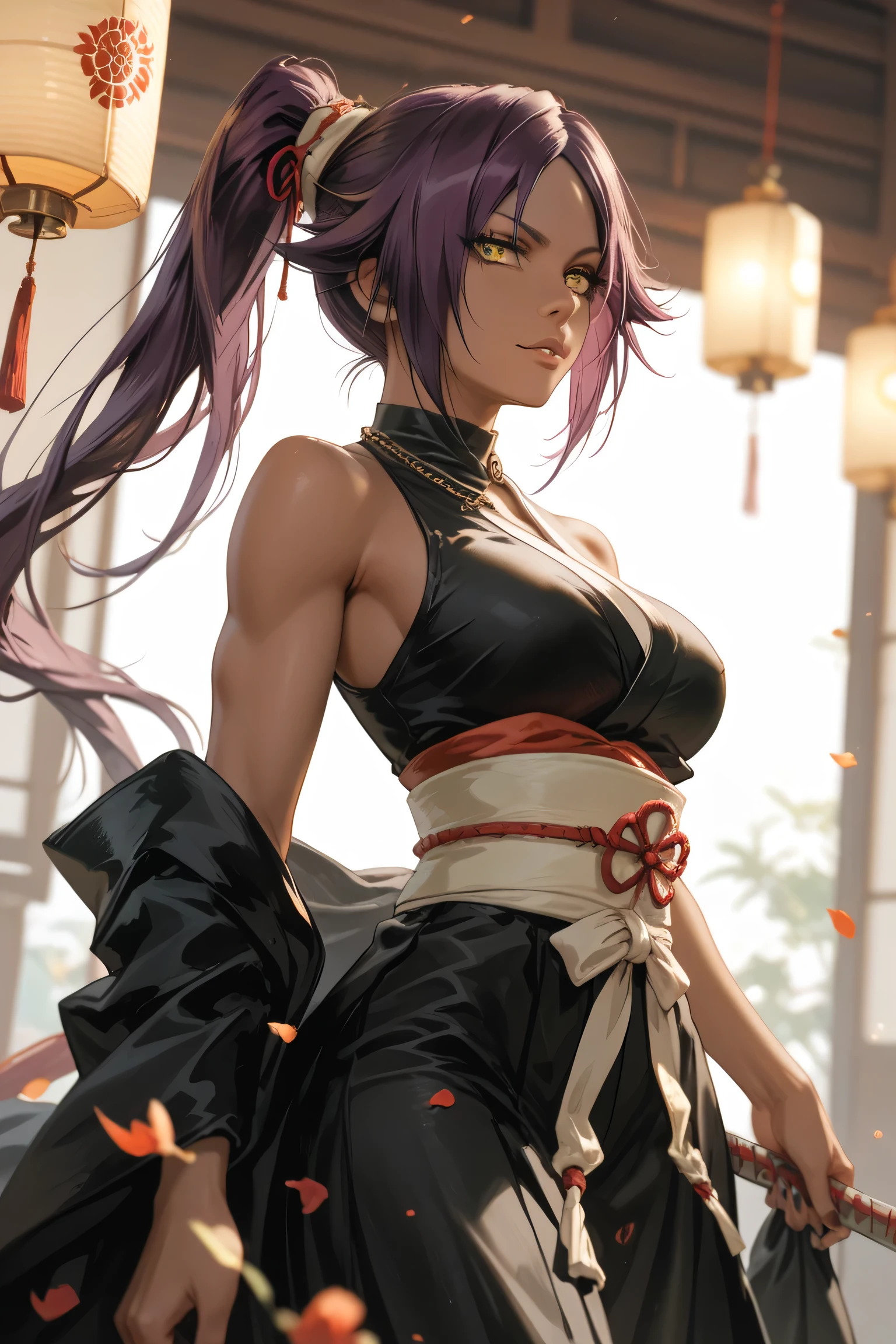 yoruichi shihouin, ((detailed eyes:1.2)), wearing miko outfit, nsfw, sexy, sensual, sleeveless, sideboob, masterpiece, top quality, best quality, official art, beautiful and aesthetic:1.2), extreme detailed, colorful, highest detailed