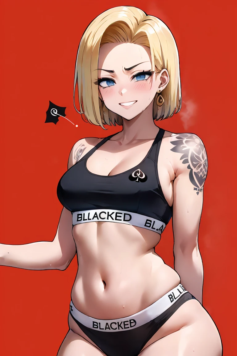 ThiccwithaQ/Nyantcha - Style), masterpiece, best quality, and18, 1girl, android 18, solo, blonde hair, blue eyes, (aligned), 
intricate_details, cowboy shot, simple background, netorare, NTR,  corruption, 
(1girl:1.2), sports bra, thong, blacked, looking at the viewer, evil smile, grin, frown, blush, sweat, (Vulgarity), 
(1boy:1.3), couple, aligned, black man, muscular male, (size difference, height difference:0.9), Queen of Spades tattoo