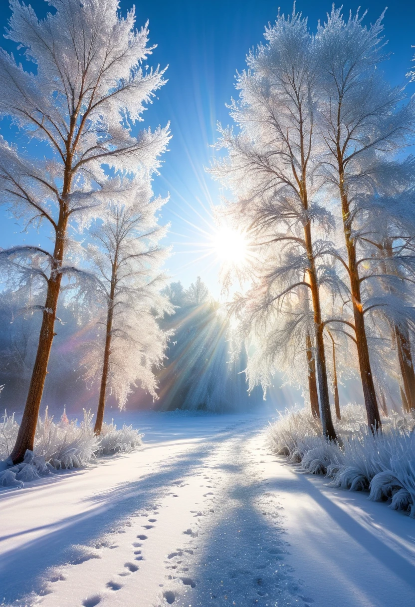 A magical scene on a winter morning, when the air is clear and the light is sparkling and diamond dust is dancing in the air. The sun's rays hit the frozen trees and snow-covered landscape, causing countless tiny ice crystals to shine in rainbow colours. A mystical, dreamlike moment of natural beauty in the silence of the cold.