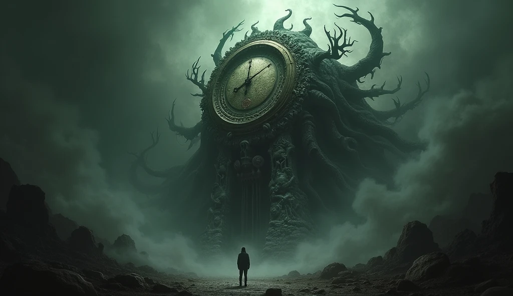 hp lovecraft scared reading on his knees the necronomicon in a nightmare landscape of the dark dimension of the dream where extraterrestrial beings from other dimensions live waiting to be released beings with grotesque and tentacled shapes with many eyes and mouths floating in space