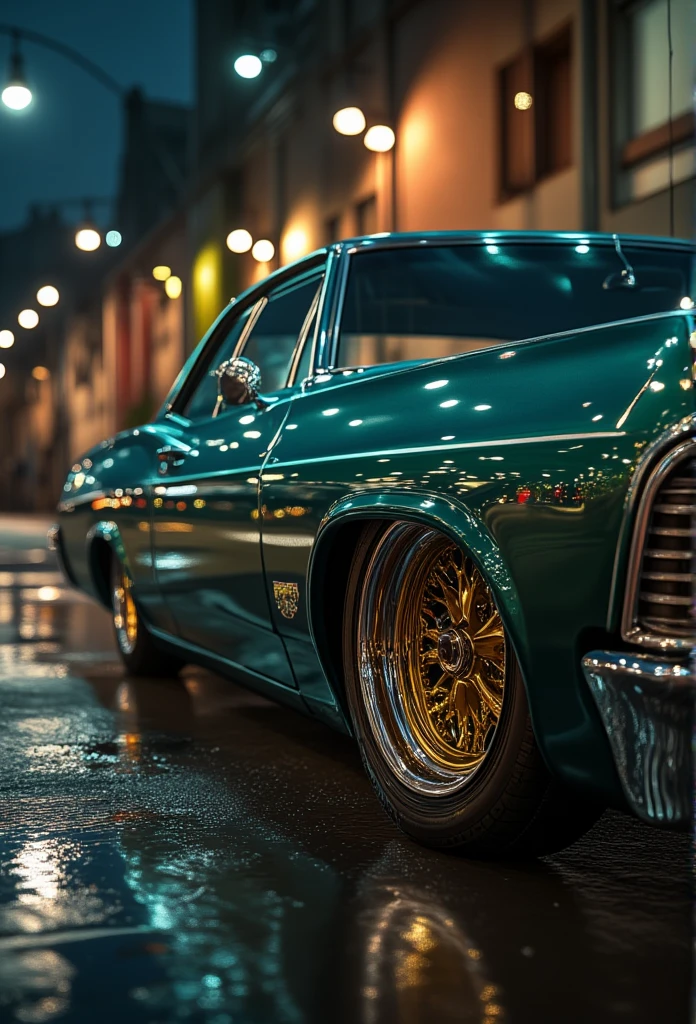 ((masterpiece)) ((photography)) ((Highest quality)) 
 An hyper-realistic illustration of a classic 1967 Impala or 1963 lowrider, painted in deep bottle green with a metallic sheen. The car features chrome lowrider wheels with gold accents, sitting low to the ground with a sleek and polished finish. The background is an urban street scene at dusk, with soft lighting reflecting off the car's glossy surface, enhancing its vintage and luxurious look.