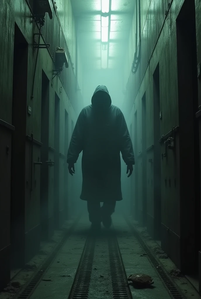 Create an image with the phrase "Y or E", chrome and melting as title.
And put a hooded being, chained and with one eye glowing blue and the other red.
And a warning from "danger do not open"
