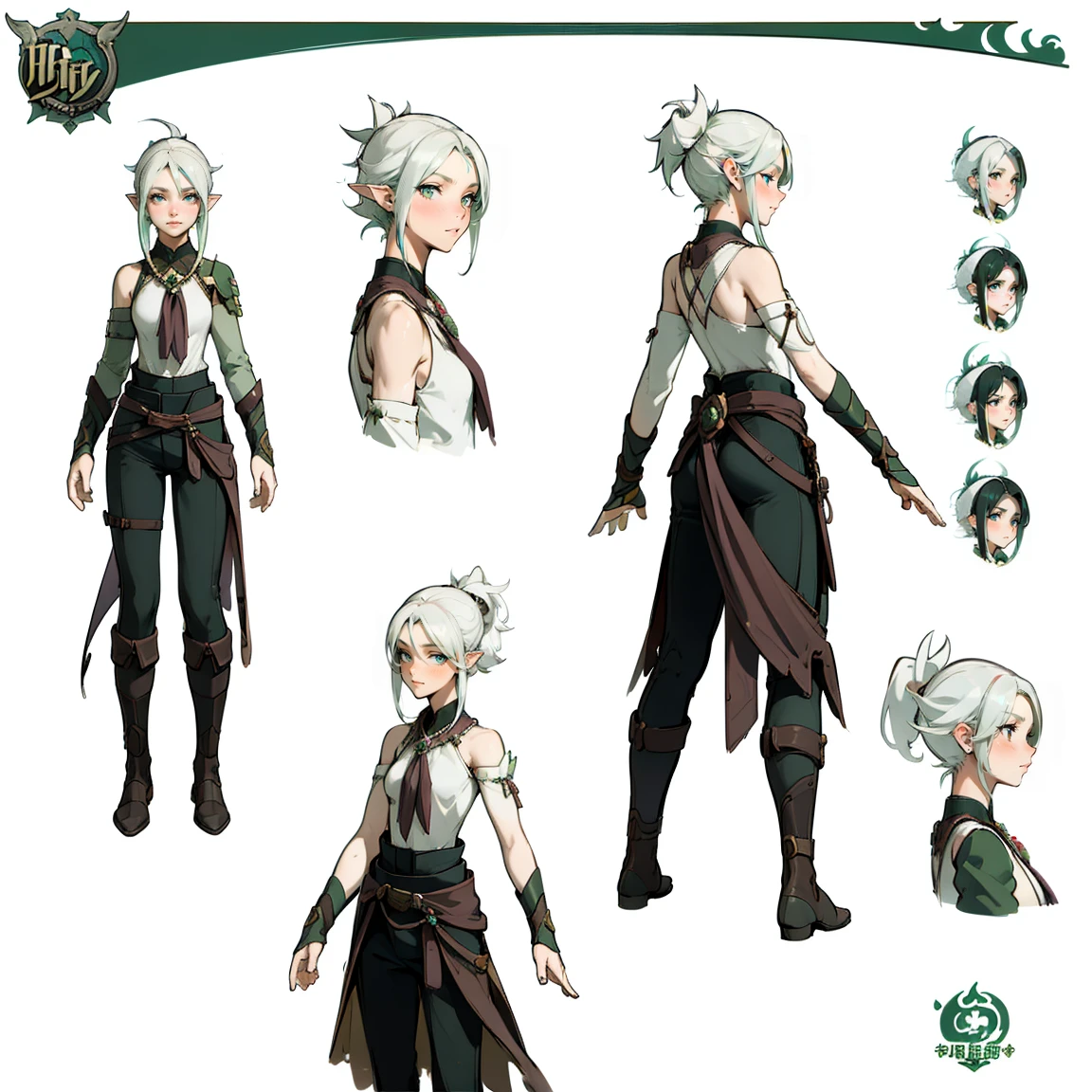 ((masterpiece)),(((best quality))),(character design sheet, same character, ), elven woman, ((side view:0.5)) anime girl, Gesture, character design. ((green eyes)). 1girl, solo, teenager, ((white hair)), ((green eyes)), pants, long sleeves, pointed ears. ((black clothes))
