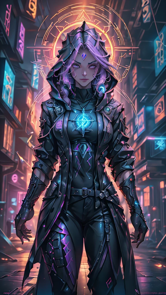 A female wizard in cyberpunk style, (masterpiece, best quality, realistic, raw photo, realism, ultra beautiful digital art, perfect anatomy, fantasy art, ultra detailed, incredibly absurdres), detailed sexy face, beautiful makeup, long eyelashes, juicy lips, woman in a futuristic, wearing a hooded robe with ornate rune patterns, glowing rune patterns , sexy thigh, short pants, BREAK the wizard is generating lightning bowls by ancient magic, techno-organic circlet, with vibrant orange accents and a purple aura, striking a dramatic, cyberwizard