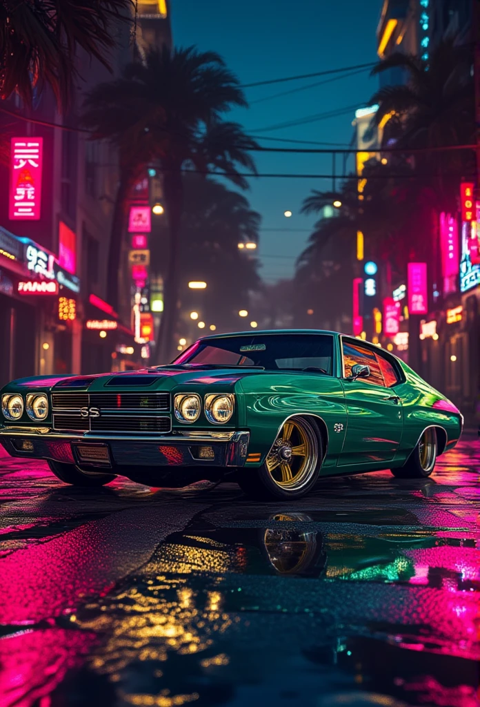 ((masterpiece)) ((photography)) ((Highest quality)) 
  hyper-realistic illustration of a classic 1970 Chevrolet Chevelle SS lowrider, painted in deep bottle green with a metallic finish. The car features chrome lowrider wheels with gold accents, a lowered stance, and intricate pinstriping details on the body. The background is an urban street scene at twilight, with neon lights reflecting off the car's glossy surface, highlighting its retro and stylish design.