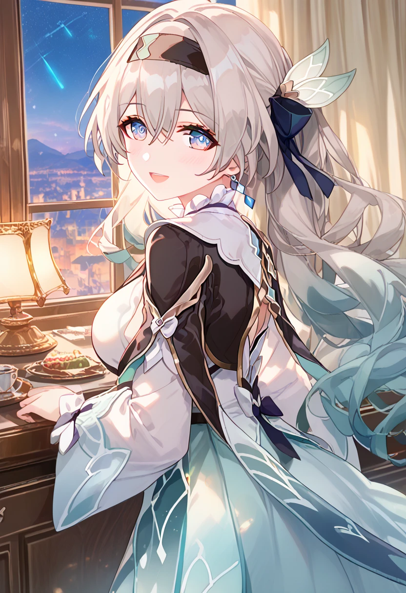 1girl, firefly,honkai star rail,solo, milf,long hair, breasts, looking at viewer, blush, smile, open mouth, blue eyes, Glamorous, erotic, mature, hair ornament, hair between eyes, white hair, grey hair, hair ribbon, ponytail, sidelocks, hair bow, indoors, looking back, window, gradient hair, hair intakes, black hairband, curtains, Tight long dresses,bere shoulder,