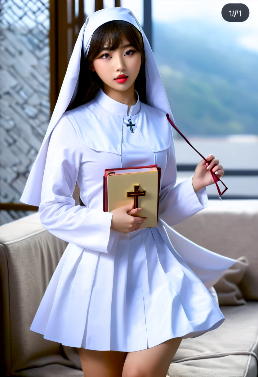 ((high quality:1.2)), (8k), extremely detailed, ((High detail:1.2)), ((best resolution:1.4)), Solo, 24 years old pretty perfect Korean Ulzzang female, ((nun uniform)), ((round breasts)),