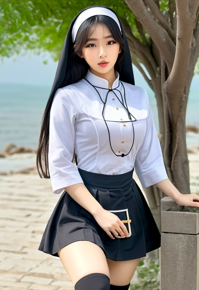 (high quality:1.2), work of art, (8k), extremely detailed, (high details:1.2), solo, ((Korean Ulzzang girl with 24 years old)), (nun uniform), (hourglass hot perfect body, medium round breasts),