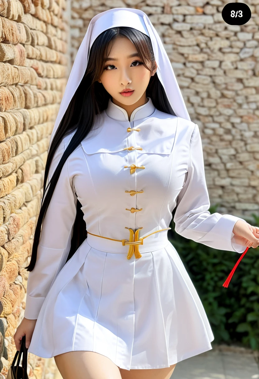 (high quality:1.2), work of art, (8k), extremely detailed, (high details:1.2), solo, ((Korean Ulzzang girl with 24 years old)), (nun uniform), (hourglass hot perfect body, medium round breasts),