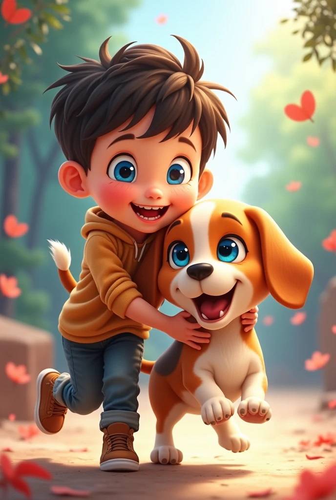 a boy, beagle dog, blue eyes, anime style, cartoon, cute, adorable, playful, puppy, happy, smiling, detailed facial features, vibrant colors, soft fur, whimsical, imaginative, dynamic pose, lively expression, beautiful lighting, photorealistic, 