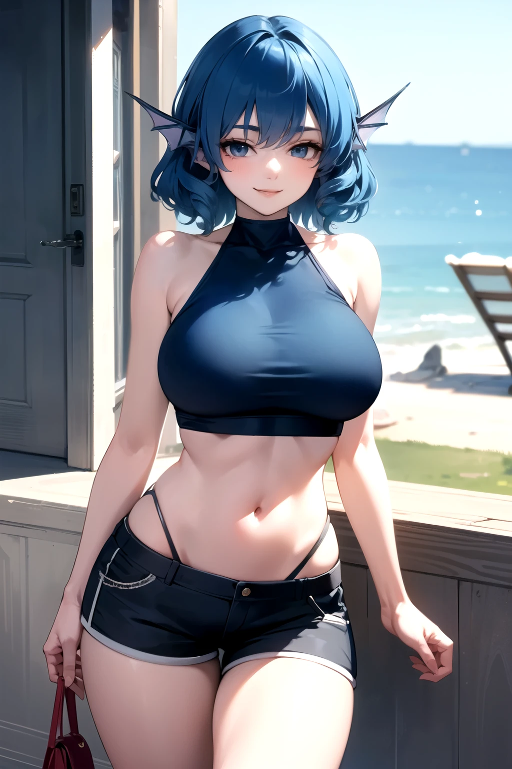 wakasagihime, 1women, age 20, big breast, thick thighs, blind, blue hair, short hair, head fins, sleeveless crop top, short shorts, focus, seductive smile, masterpiece, best quality, standing strong, (fit:0.9), (muscular:0.7).