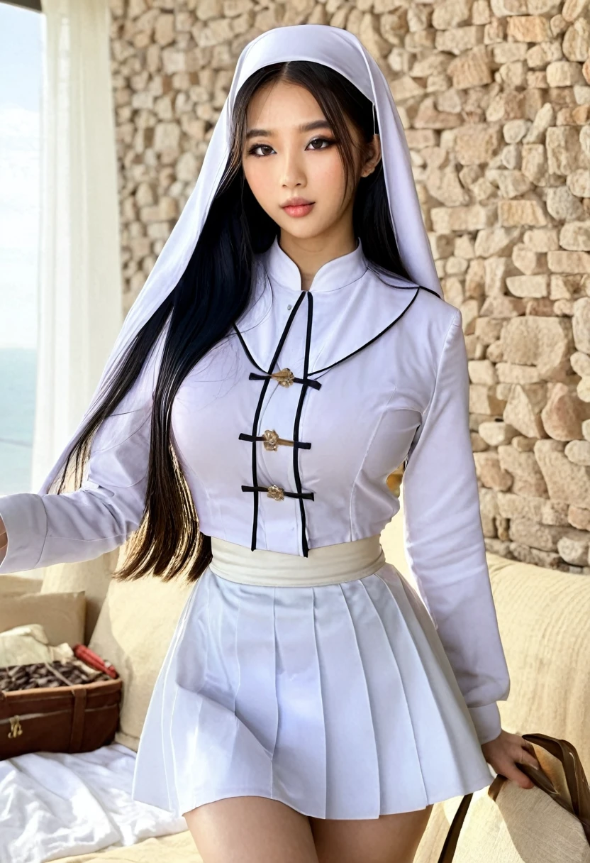 wildlife, photorealistic, realistic, (best high quality:1.5), work of art, (8k), extremely detailed, (high details:1.4), solo, ((HotLexi)), ((Korean Ulzzang girl with 24 years old)), (nun uniform), (perfect model face:1.4), (hourglass hot perfect body, medium round breasts),