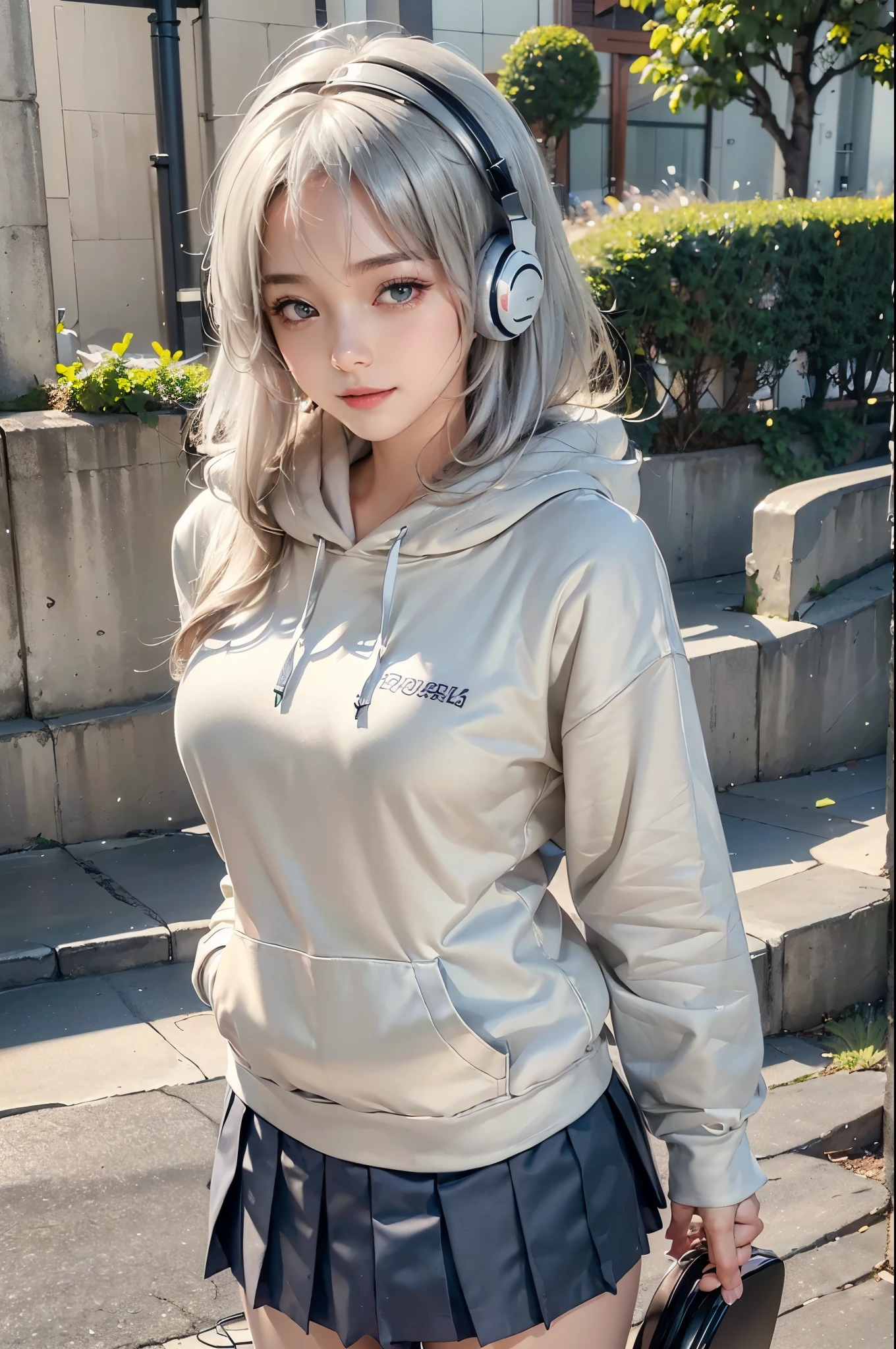 ((masterpiece:1.5、8k、Portraiture、Photorealistic and very detailed CG、Very detailed、Particle Effects、Dynamic Effects、Written boundary depth、Cinematic Light、Lens flare、Ray Tracing、Tabletop、Realistic:1.4、超A high resolution:1.2、Realistic、Realistic))(1girl, sweet girl, white hair, aqua eyes, medium breasts, slim body)(school uniform, Wear a hoodie over school uniform, short pleated skirt, headphone:1.5, Large professional headphones