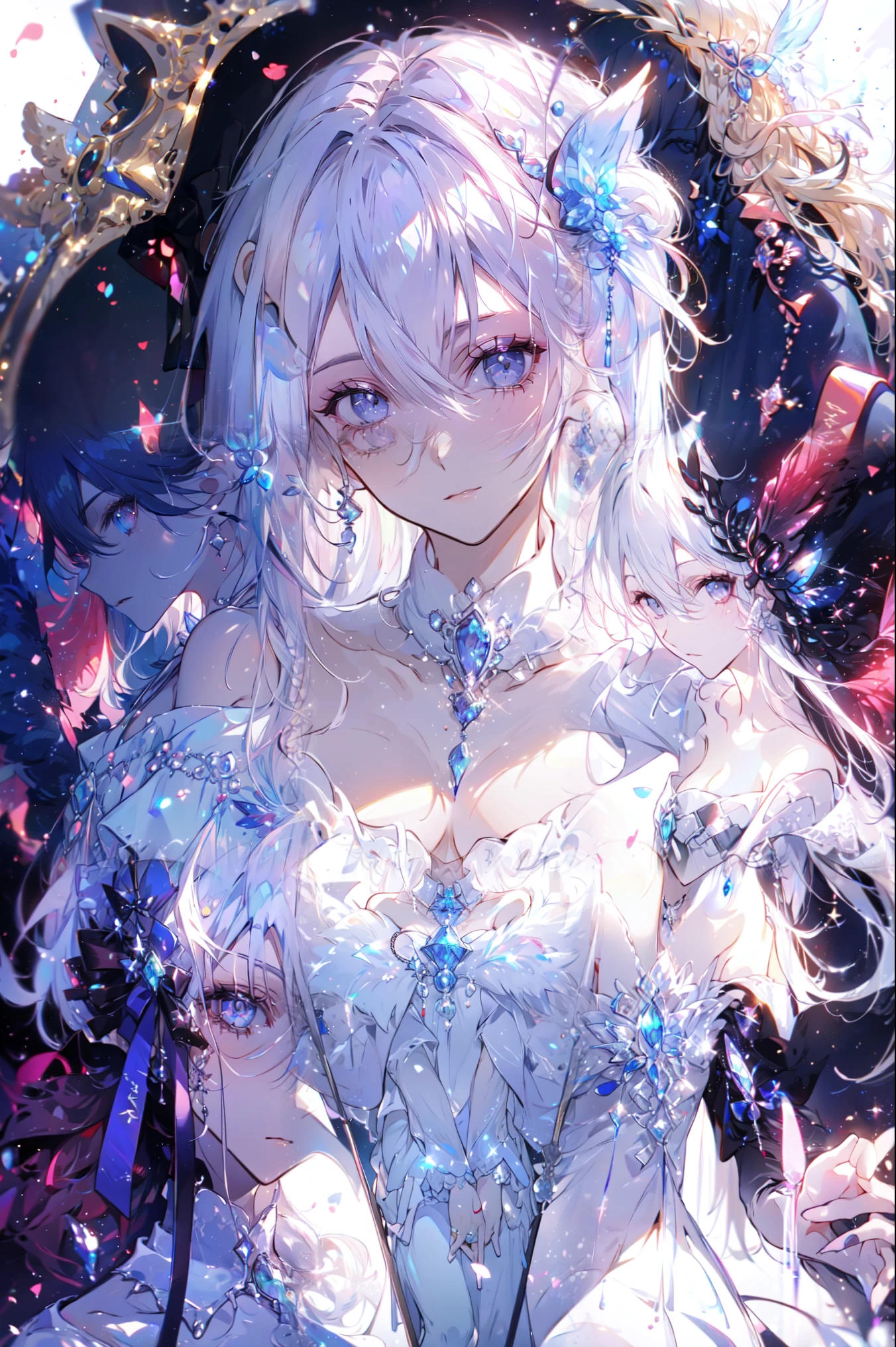  Quality Best ,  very detailed , masterpiece, Super Fine, (Reality: 1.2),  1 girl at home, ( white background ),  Clean Background ,  Delicate eyes, silver hair,  purple eyes , hair_ ornament , (White off-the-shoulder shirt: 1.3), long hair, Sharp_ear, crown_braid, No Expression, straight hair, (++ Sitting: 1.2), Room,

 Long hair ，Female Kirito ，Big breasts(d), Chest, Black Hair, 