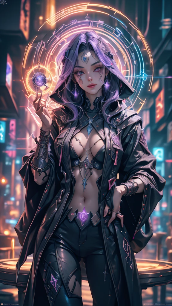 A female wizard in cyberpunk style, (masterpiece, best quality, realistic, raw photo, realism, ultra beautiful digital art, perfect anatomy, fantasy art, ultra detailed, incredibly absurdres), detailed sexy face, beautiful makeup, long eyelashes, juicy lips, woman in a futuristic, wearing a hooded robe with ornate rune patterns, glowing rune patterns , sexy thigh, short pants, BREAK the wizard is generating lightning bowls by ancient magic, techno-organic circlet, with vibrant orange accents and a purple aura, striking a dramatic, cyberwizard