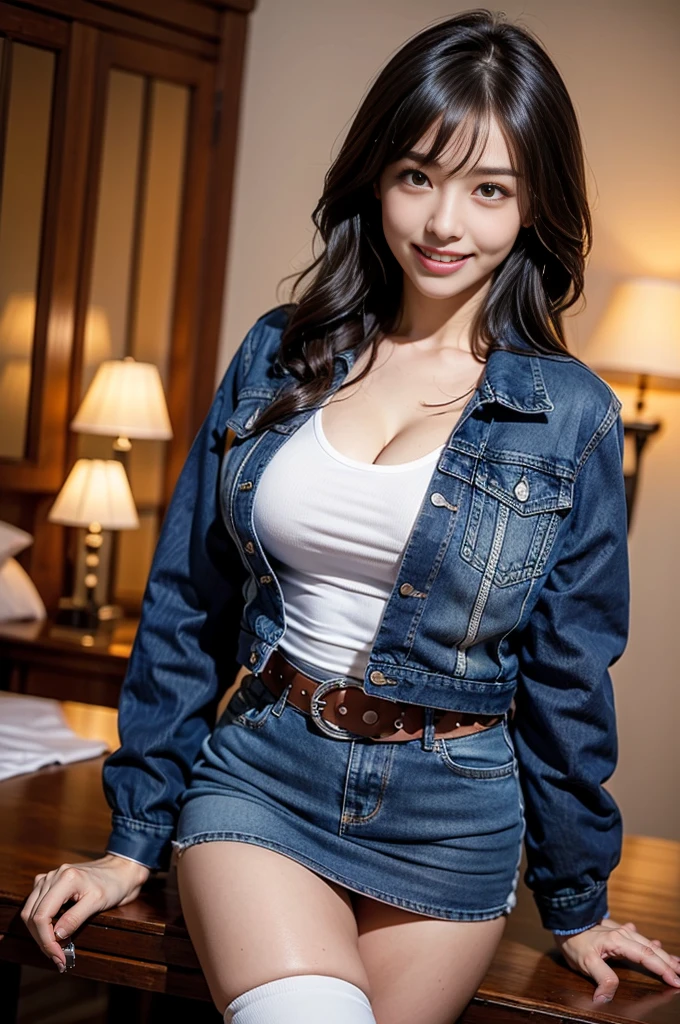 (majesty of the goddess:1.3),, (RAW photo:1.2), (photo realistic:1.4), (software, Masseter muscle part, highest quality, table top, highest quality, highest level, best image quality), (cowboy shot), 

BREAK, 
(very beautiful girl), beautiful girl full of charm, beautiful face with perfect symmetry, (round face:1.5), beautiful detailed girl, very detailed eyes and face, beautiful and fine eyes, smile at the audience, laughing very happily, light shines on your face, 

short hair, curl inside hair, beautiful light brown hair, crossed bangs, asymmetrical bangs, the depth of the written boundary:1.3, 

intense black eyes, strong eye highlights, 

please show off your ears, cute eyelash, lip gloss, 

(large breasts,:1.5), (beautiful cleavage), (thin waist:1.2), large hip, 
Accentuates curves from chest to waist, 
perfect anatomy, anatomically correct, 
dynamic lighting, 

BREAK, 
((beautiful teeth, beautiful teeth alignment, super detailed、very detailed)), 

BREAK, 
cute slender gravure idol with long legs, (long neck:0.8), take a pose, seductive pose, bold, overwhelming presence, 

(clothes1.5), (clothes high definition images, super precision clothes), (blue, white, brown color palette:1.3),BREAK,(blue denim jacket:1.4),(white graphic tee:1.2),denim skirt,(brown boots:1.2),(studded belt:1.2)