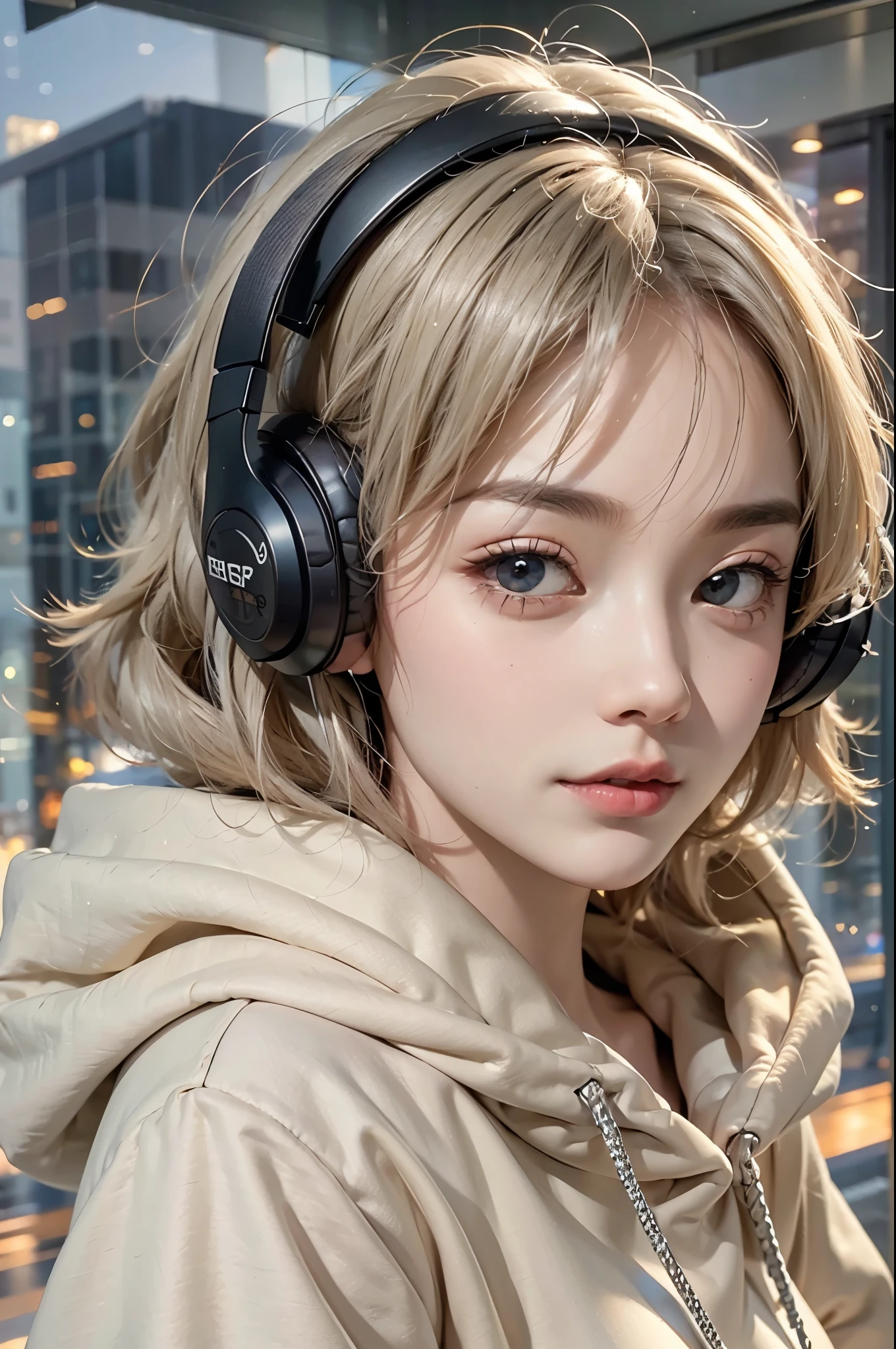 ((masterpiece:1.5、8k、Portraiture、Photorealistic and very detailed CG、Very detailed、Particle Effects、Dynamic Effects、Written boundary depth、Cinematic Light、Lens flare、Ray Tracing、Tabletop、Realistic:1.4、超A high resolution:1.2、Realistic、Realistic))(1girl, sweet girl, white hair, aqua eyes, medium breasts, slim body)(school uniform, Wear a hoodie over school uniform, short pleated skirt, headphone:1.5, Large professional headphones